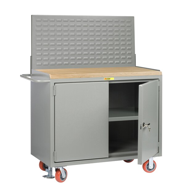 Mobile Bench Cabinets, 36"W, Center Shelf, Butcher Block, Louvered